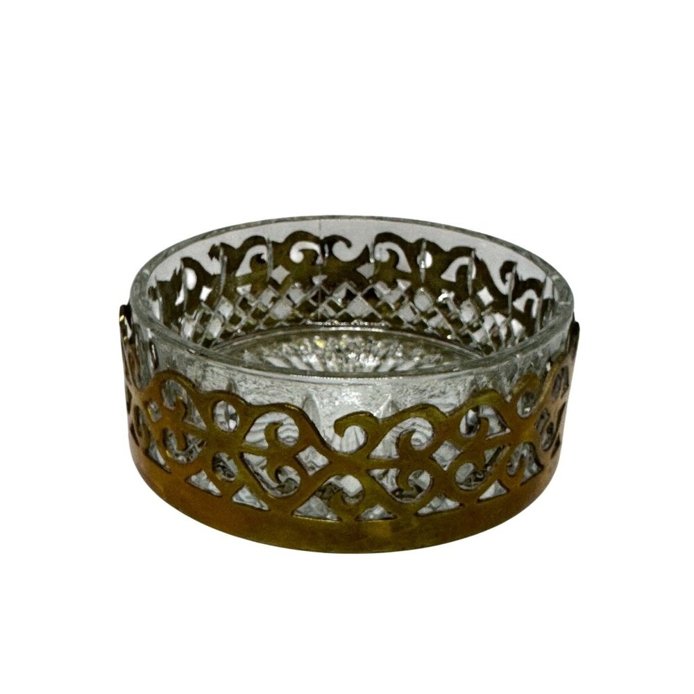 VTG Gold Tone Filigree Glass Jewelry Trinket Dish Decorative Brass Clear Storage